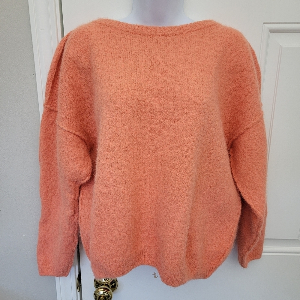 Free People Alpaca Blend Boxy Modern Orange Sweater Crew Neck Size Small